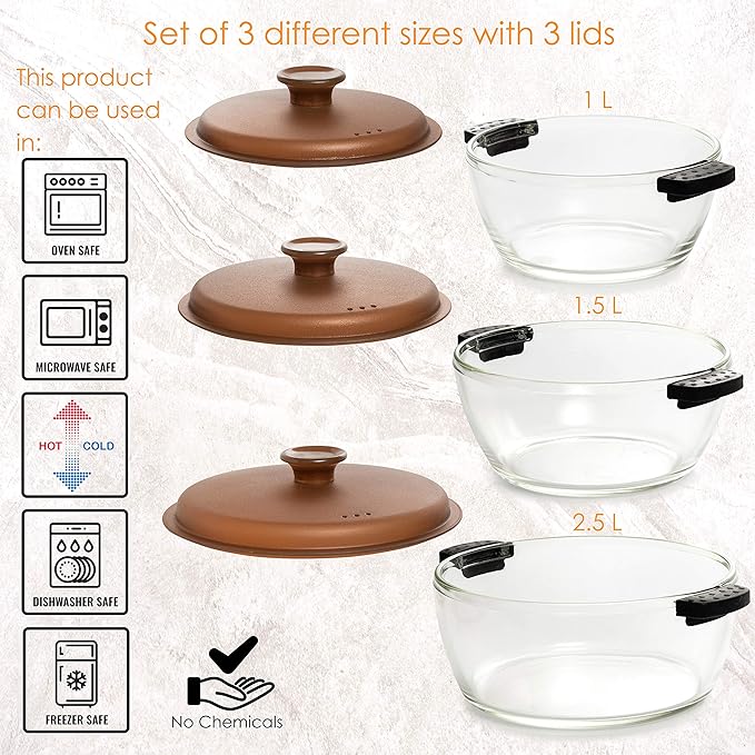 Moss & Stone 6-Piece Borosilicate Glass Casserole Set with Durable Plastic Lids – 2.6/1.5/1 Qt Oven & Microwave Safe Glass Baking Dishes for Cooking, Serving & Kitchen Storage