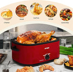 26 Quart Electric Roaster Oven with Visible & Self-Basting Lid, Large Turkey Roaster with Defrost Warm Function, Adjustable Temperature, Removable Pan Rack, Stainless Steel, Red