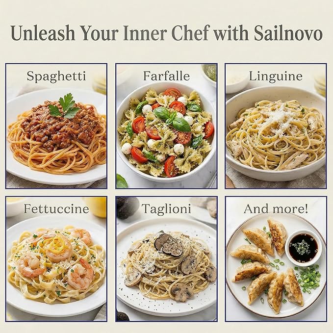 Sailnovo 3 in 1 Pasta Maker Machine - 9 Adjustable Thickness Settings Aluminum Alloy Pasta Roller & 2 Width Cutters for Fresh Spaghetti, Fettuccini, Lasagna, Dumplings - Stainless Steel, Silver