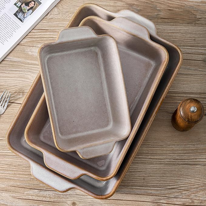 HVH 9x13 Baking Dish Set, Large Casserole Dishes for Oven, Ceramic Bakeware Set of 3, Rectangular Lasagne Pan Deep for Baking (Sand Color)
