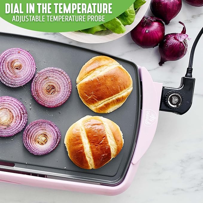 GreenLife 20” Extra Large Electric Griddle, Non-Toxic PFAS-Free Ceramic Nonstick, Temperature Control, Quick Even Heating, Removable Drip Tray, Pancakes, Eggs, Sausage, Easy Clean, Pink