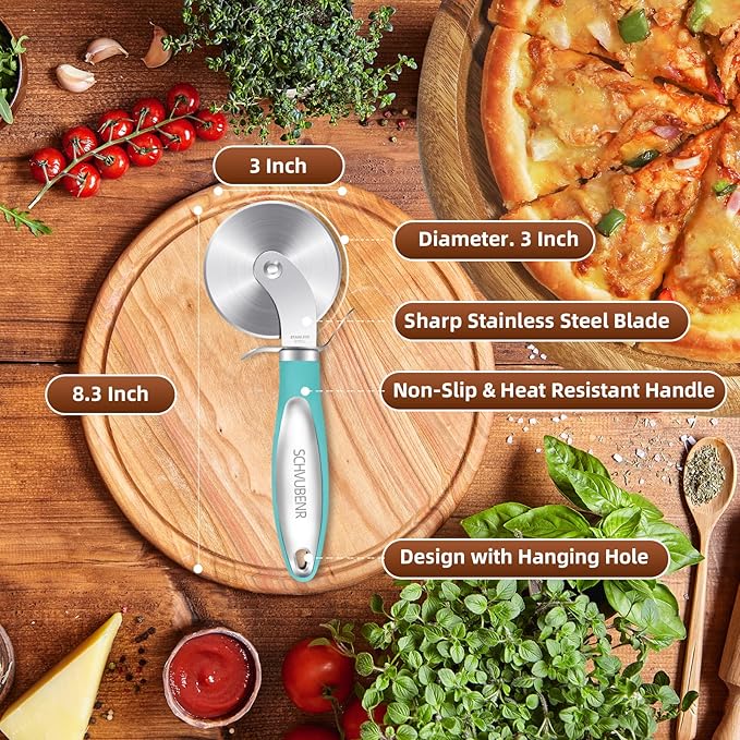 SCHVUBENR Premium Pizza Cutter Wheel - Ultra Sharp Stainless Steel Pizza Slicer with Non-Slip Soft Grip Handle - Multi-Purpose Cutter for Pizza, Dough & Pastry - Dishwasher Safe, Easy to Clean - Blue