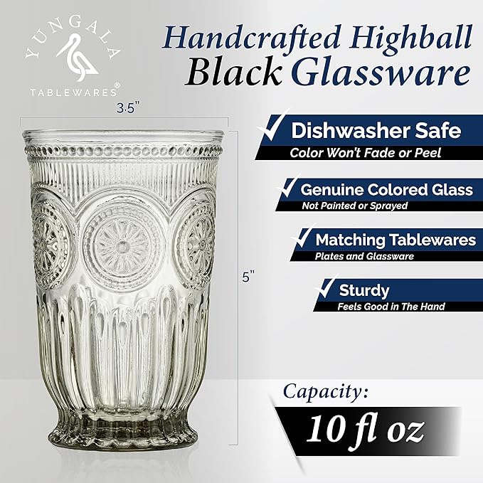 Yungala Smokey Black Highball Glasses Set of 6 —10 oz Tall Drinking Glasses