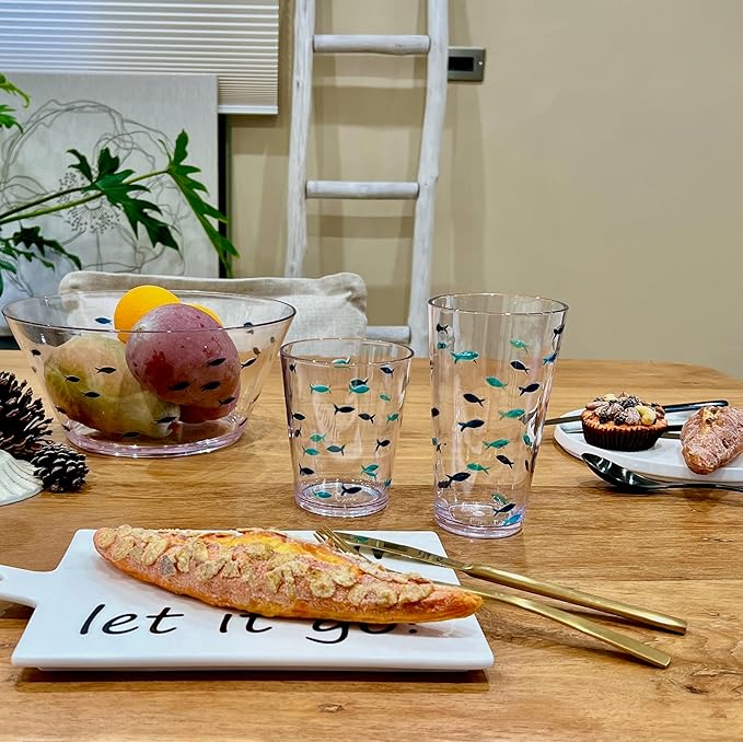 KLIFA- CHARLESTON- 16.5 & 19 oz, Set of 8, Acrylic Fishing Highball, School of Fish Drinking Glasses, BPA-Free, Stackable Plastic Drinkware, Dishwasher Safe Cups, Dark and Light Blue Printing