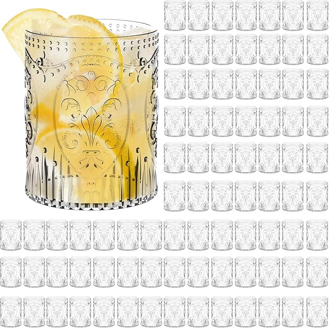 Qinyoung 100 Plastic Vintage Drinking Glasses 8.5oz Stemless Retro Embossed Wine Glasses Shatterproof Reusable Cups for Baby Shower Wedding Reception Grand Event Party (Clear)