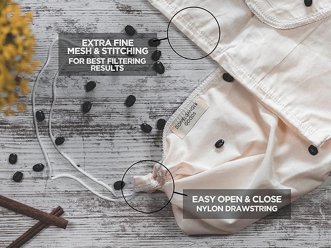 (1-Pack, Medium 8in x 12in) Organic Cotton Cold Brew Coffee Bag - Designed in California - Reusable Coffee Filter with EasyOpen Drawstring Cold Brew Maker for Pitchers, Mason Jars, & Toddy Systems