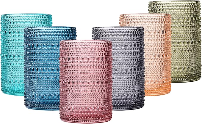 JOVGANK Colored Vintage Hobnail Drinking Glasses Set of 6, Water Tumbler 15oz, Kitchen & Bar Beaded Highball Glasses, Beverage Glass Cups for Water, Beer, Juice, Housewarming and Mother's Day Gift