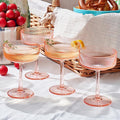 Khen Shatterproof Acrylic Ribbed Vintage Art Deco Coupe Glasses | Set of 4 | 8oz Ripple Glassware for Indoor & Outdoor Use | Pink (Peach-Tinted) Glasses