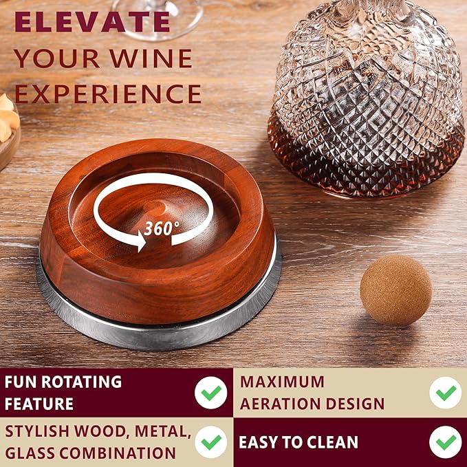 Rotating Wine Decanter Set with Solid Wood Base, Fun Crystal Glass Wine Carafe, Red Wine Decanter, Wine Accessories, Wine Gifts, Perfect for Home Bar (Silver Accents)
