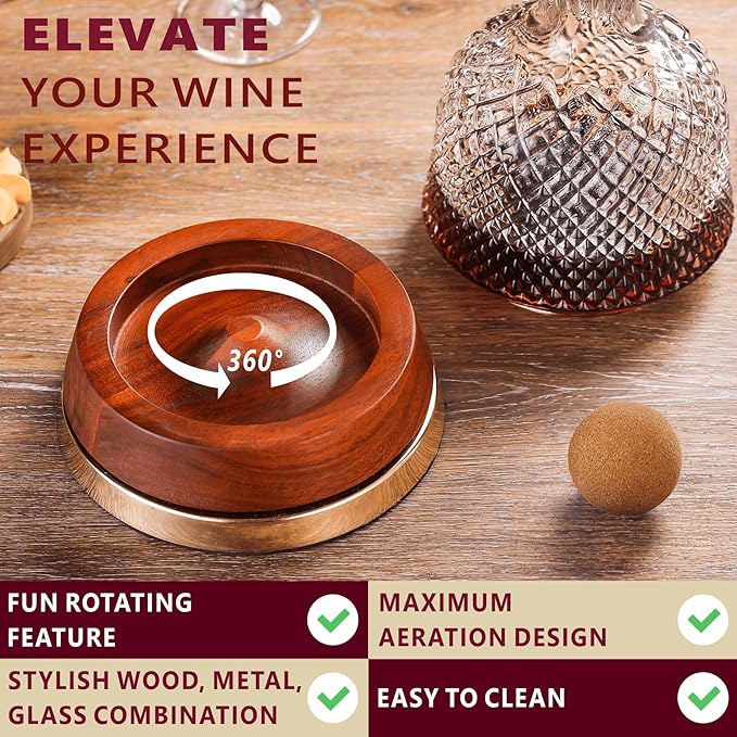 Rotating Wine Decanter with Wooden Base – 360° Spinning Wine Aerator for Fast Oxygenation, Crystal Clear Wine Carafe Decanter for Red Wine, Elegant Wine Decanter Set & Gift Choice