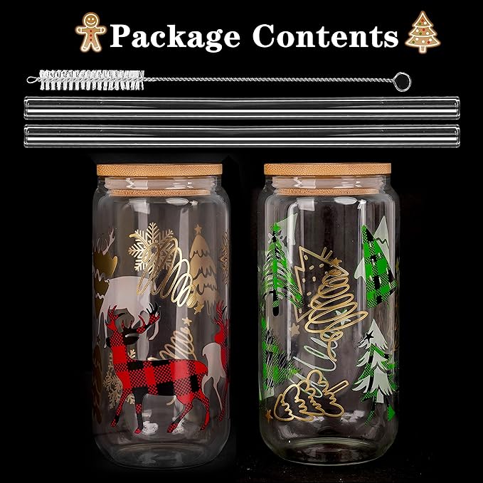 ANOTION Christmas Cups, 18oz Christmas Coffee Mugs Glass Cups with Lid and Straw Colorful Xmas Tree Tumbler Drinking Glasses Glassware Drinkware Cookie Jar Home Decoration Gifts for Women Kids Men
