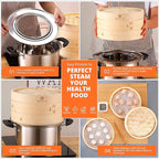 KITCHENCRUST Bamboo Steamer Basket for Chinese Asian Cuisine - 2 Tier 10-Inch Steaming Basket Bun Vegetable Steam, Dumpling Steamer bamboo steam basket, Sauce Dish, Chopsticks, Reusable Liners, Ring
