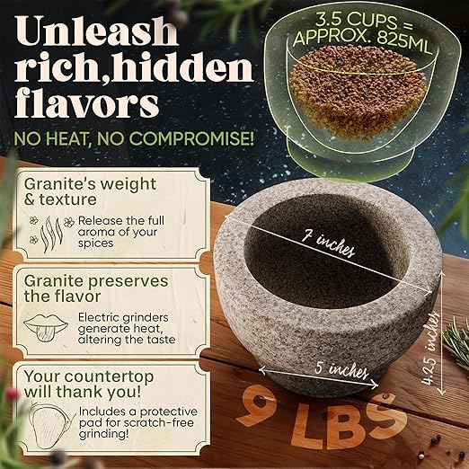 ChefSofi 3.5 Cup-Capacity Mortar and Pestle Set - Unpolished Heavy Granite for Enhanced Performance and Organic Appearance
