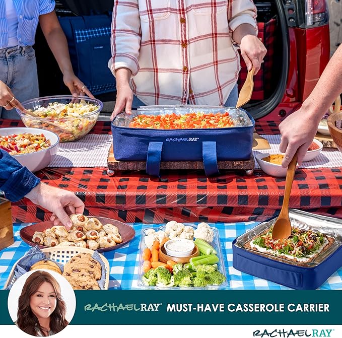 Rachael Ray Lugger Duo, Insulated Casserole Carrier for Hot or Cold Food, Thermal Lasanga Lugger Tote for Potluck, Parties, Picnic, and Cookouts, Fits 9" x 13" Baking Dish, Navy Gingham