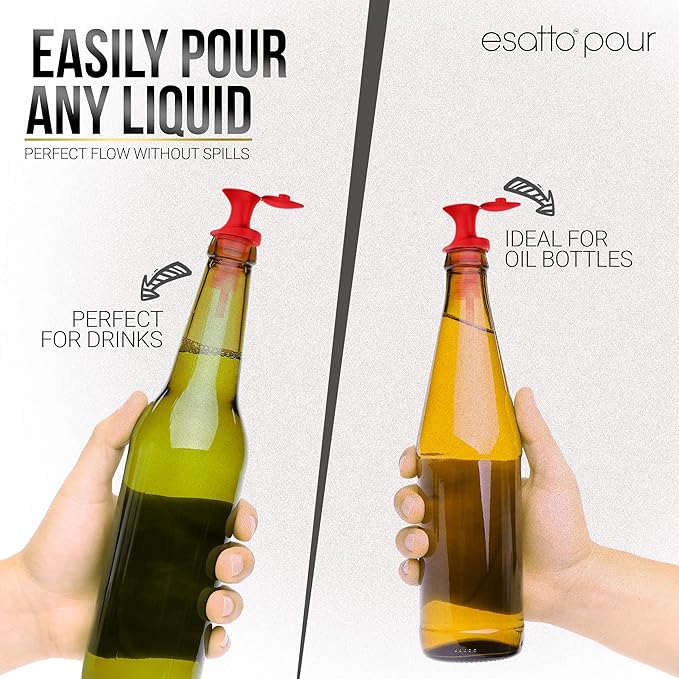 Esatto Pour and Seal, Plastic Bottle Pourers With Built In Lid – Easy and Precise Pouring, Lid for Storing and Healthy Practices, Professional Bar Tool, Pack of 12 Pieces Wine Stopper Pourer (Red)