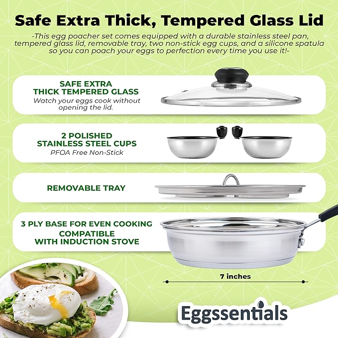 Eggssentials Egg Poacher Pan Nonstick Coating - Poached Egg Cooker, Stainless Steel Egg Poaching Pan PFOA Free with Spatula, Poached Egg Maker, Egg Poachers Cookware