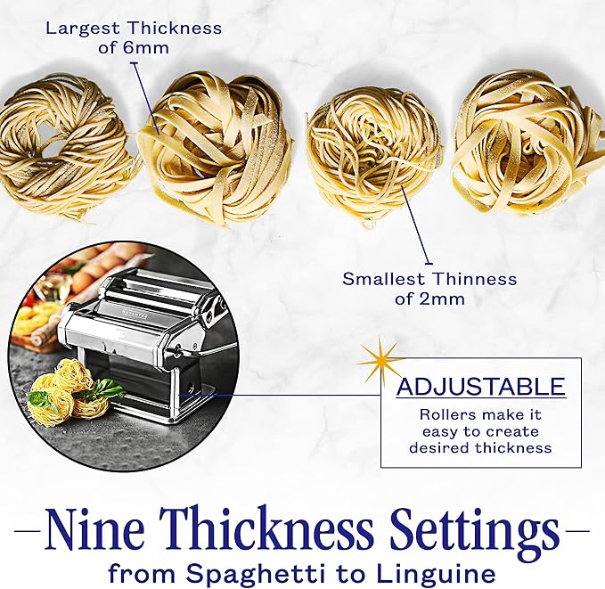 Nuvantee Pasta Maker with 7 Adjustable Thickness Settings - 2 in 1 Noodle Maker with Rollers and Cutter, Make Spaghetti, Fettuccini, Lasagna, & More