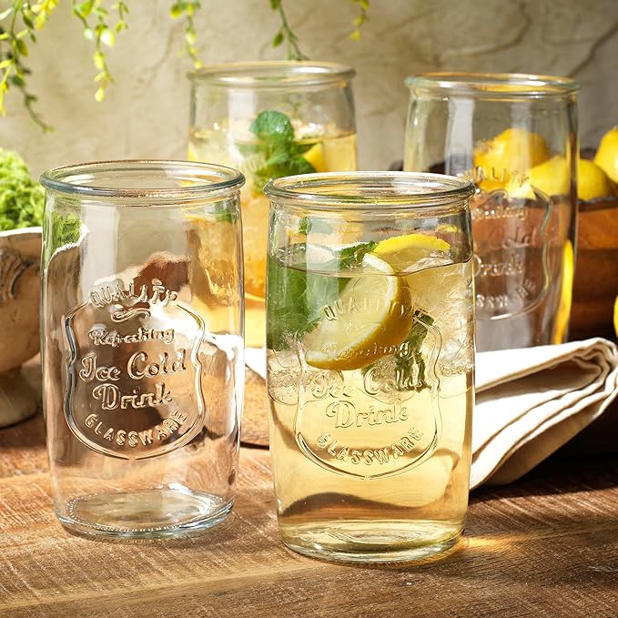Glaver's Set of 8 Highball Glass Cups 20 OZ Stemless Tall Drinking Glasses For Everyday Use, Vintage Ice Cold Logo Tumbler Glassware for Bar, Juice, Cocktails, Beer, Water glasses.