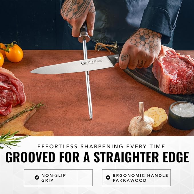 Cutluxe Honing Rod, Professional Knife Sharpener Rod – 10" Honing Steel – Ergonomic Handle Design, Grilling Gifts for Men – Artisan Series