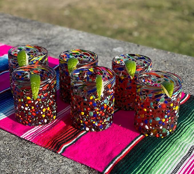 Hand Blown Mexican Drinking Glasses – Set of 6 Confetti Rock Tumbler Glasses (10 oz each)