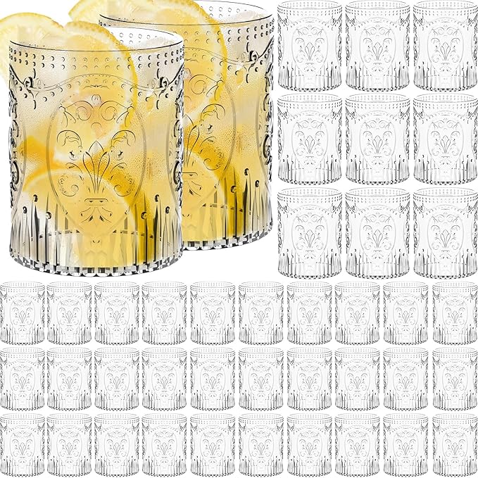 Qinyoung 48 Plastic Vintage Drinking Glasses 8.5oz Stemless Retro Embossed Wine Glasses Shatterproof Reusable Cups for Baby Shower Wedding Reception Grand Event Party (Clear)