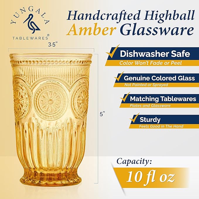 Yungala Amber Highball Glasses Set of 6 10 oz Vintage Hobnail Tall Drinking Glasses