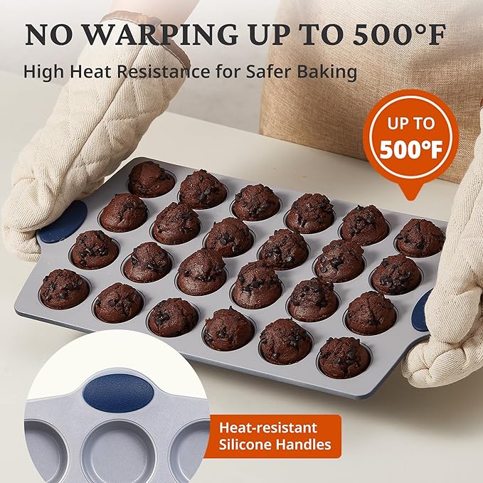 BRONYPRO 2-Pack 12 Cup and Mini 24 Cup Non Toxic Nonstick Ceramic Muffin Pan & Cupcake Tin, PFOA & PTFE Free, Heavy Duty Rust-Resistant Aluminized Steel, Oven Safe, Blue