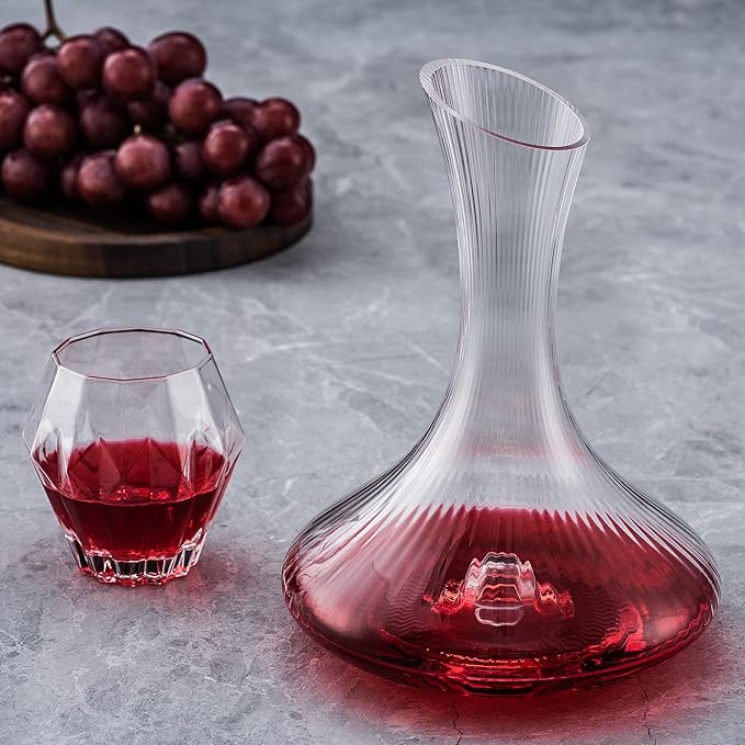Wine Decanter with Aerator - 750ml Lead-Free Crystal Glass Red Wine Carafe, Hand Blown Vertical Stripe Design & Ergonomic Grip, Elegant Home Bar Decor for Wine Lovers, Wine Accessories (Gift Ready)