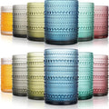KMIGRUAN Colored Hobnail Drinking Glasses Set of 12, 15oz&12oz Kitchen Vintage Glassware, Embossed Beaded Water Tumbler for Cocktail, Juice and Various Mixed Drinks Dishwasher-Safe