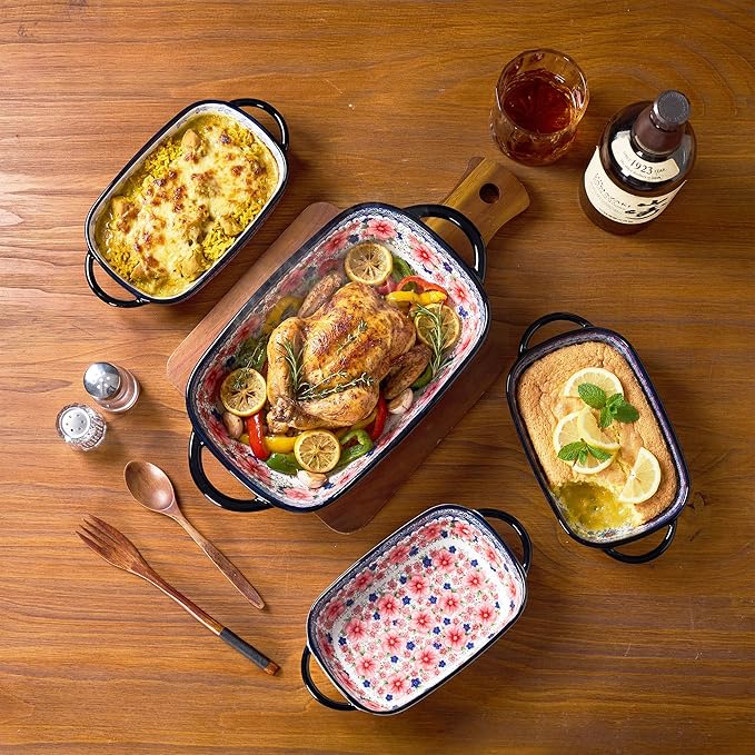 Ceramic Casserole Dishes for Oven, Hand-painted Polish Pottery Baking Dish Set of 2, 0.8QT / 2QT Porcelain Casserole Dishes with Handles, Baking Pan Lasagna Pan, Gift for Family/Friend (Red)