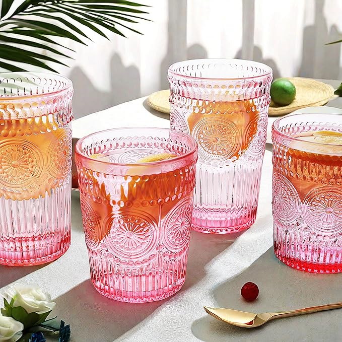 Loivttvv 12pcs Vintage Drinking Glasses Set, 12 oz Highball Glasses & 9 oz Embossed Ribbed Glassware Cups for Cocktail, Water, Juice, Coffee, Whiskey (Pink)