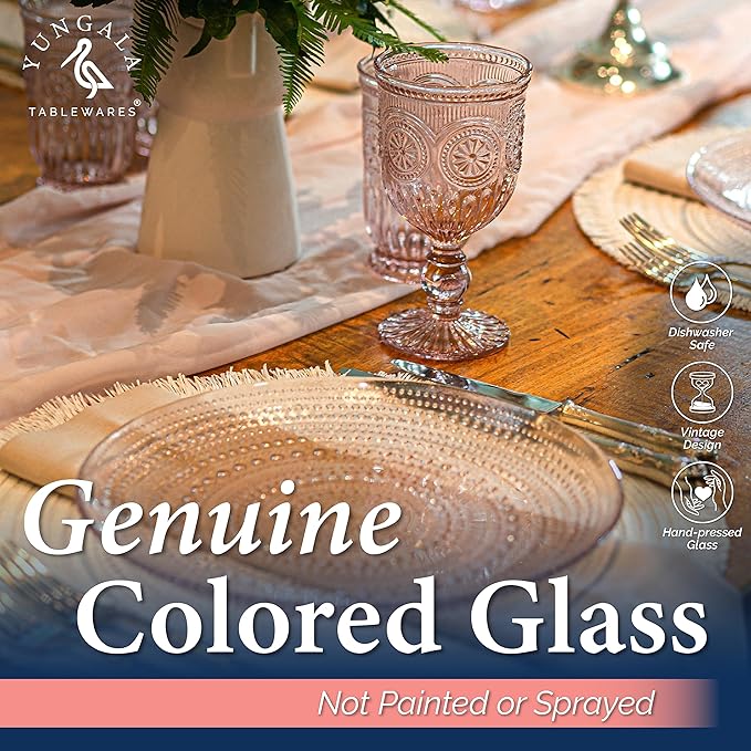Yungala Pink Wine Glasses Set of 6 Vintage Hobnail Goblets 10 oz Transparent Glassware with Stems Dishwasher Safe
