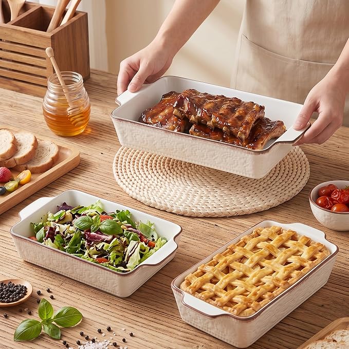 ONEMORE Casserole Dishes for Oven, Ceramic Baking Dish Set of 4, Non-Stick Lasagna Pans with Handles, Rectangular Bakeware Set for Cake, Roasting, Broiling, Gratin, Banquet, Microwave & Dishwasher Safe(3.8/2.6/1.7/1.1 Qt) (White 01)