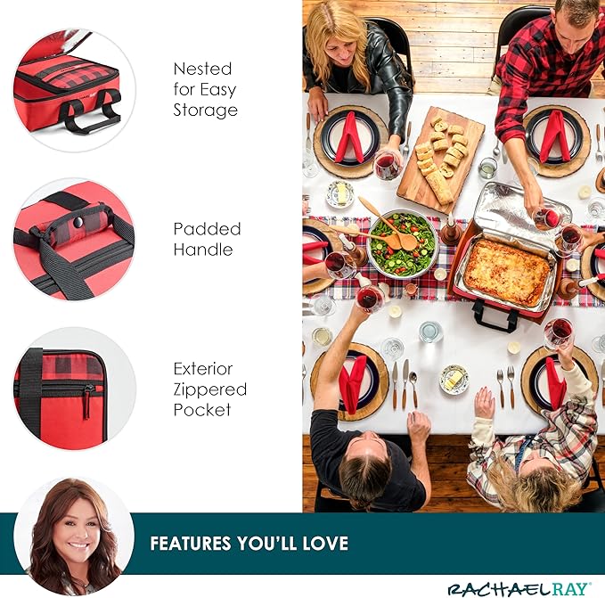Rachael Ray Lugger Duo, Insulated Casserole Carrier for Hot or Cold Food, Thermal Lasanga Lugger Tote for Potluck, Parties, Picnic, and Cookouts, Fits 9" x 13" Baking Dish, Red Buffalo