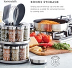 Kamenstein 20 Jar Revolving Spice Rack with Integrated Tool Caddy, Brushed Stainless Steel with Stainless Steel Caps