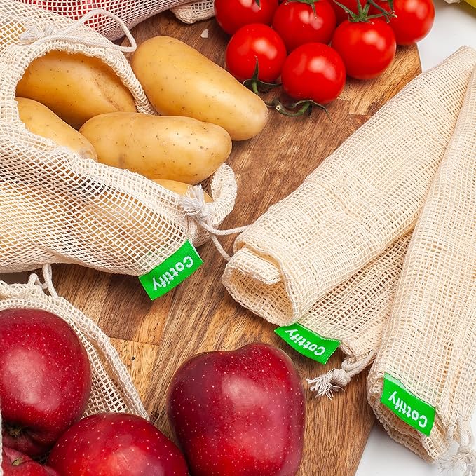 12+1 Reusable Produce Bags Grocery Washable, Organic Cotton Mesh Produce Bags, Double-Stitched & Tare Weigh, Mesh bags for vegetables, Cotton Produce Bags Reusable Washable, Produce bag 4xS, 4xM, 4xL