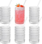 KMIGRUAN Hobnail Drinking Glasses with Straws 15oz Vintage Glassware Set of 6 Embossed Vintage Water Cups, Highball Glasses for Cocktail,Whiskey,Beer and Juic