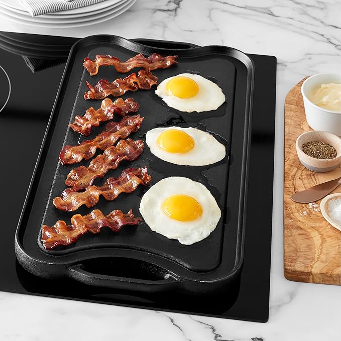 Amazon Basics Pre-Seasoned Cast Iron Reversible Rectangular Grill/Griddle, Black, 20 x 10.63 x 0.98 inch