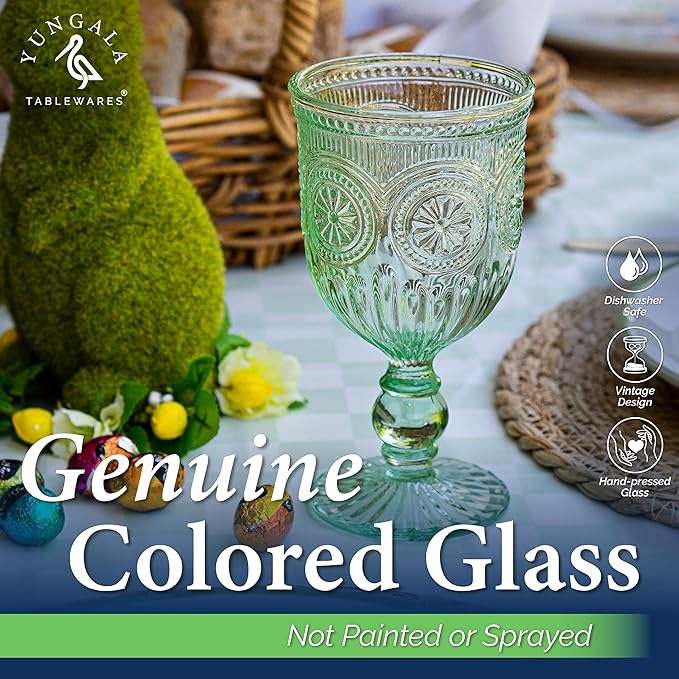 Yungala Green Wine Glasses Set of 6 Vintage Hobnail Goblets 10 oz Dishwasher Safe
