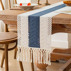 FEXIA Boho Table Runner for Home Decor with Tassels 60 Inches Long,Blue Farmhouse Rustic Table Runner Macrame Burlap Table Decoration for Living Room Bridal Shower(12x60 Inches)