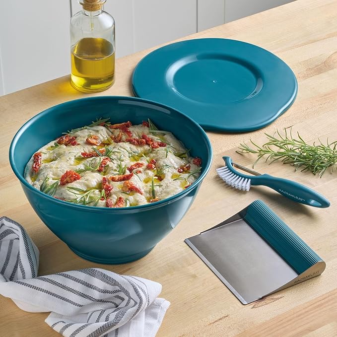 Rachael Ray Tools and Gadgets Kitchen Prep, Garbage Bowl with Lid, Bench Scrape, Veggie Peeler, 4 Piece Food Prep Set - Marine Blue