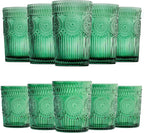 Loivttvv 12pcs Vintage Drinking Glasses Set, 12 oz Highball Glasses & 9 oz Embossed Ribbed Glassware Cups for Cocktail, Water, Juice, Coffee, Whiskey (Atroviens)