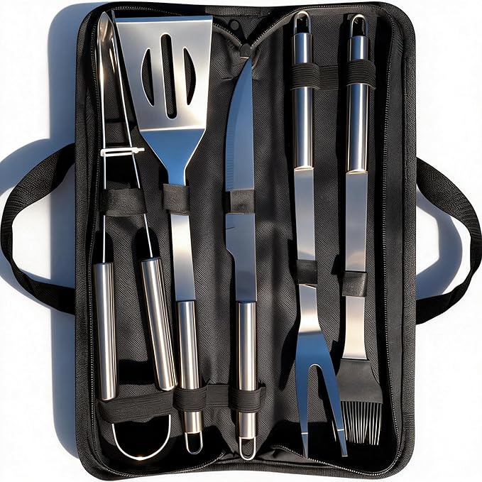 Small Travel 5-Piece 304 Stainless Steel Grill Tool Set with Storage Case – BBQ Grilling Accessories, Ideal Gift for Men & Cooking Lovers