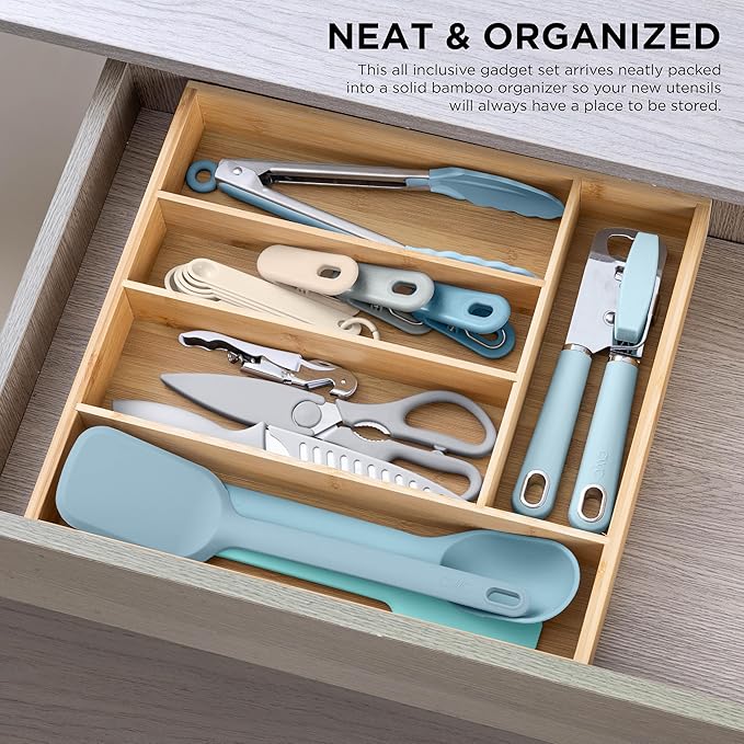 COOK WITH COLOR Bamboo Kitchen Utensil Set with Drawer Organizer | Cooking Tools and Storage Caddy, Blue, 18 Piece Gadget Set
