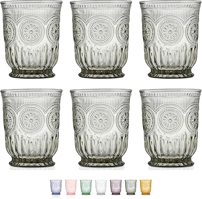 Yungala Black Glassware set of 6 smoke drinking glasses, 8 oz water glasses textured colored vintage glass cups dishwasher safe