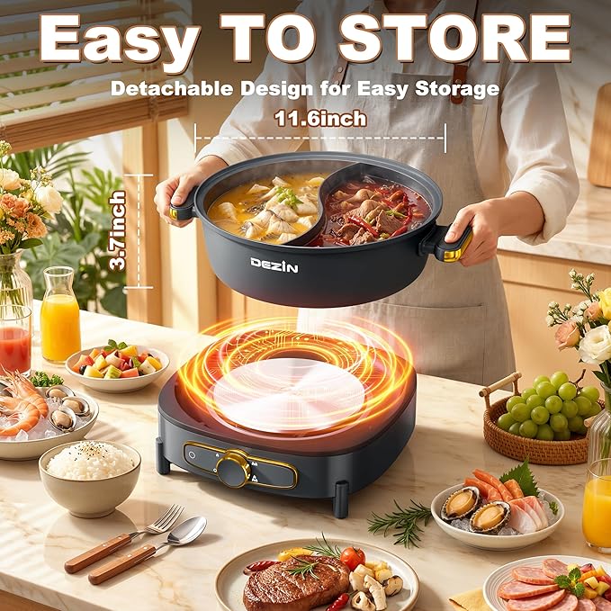 Dezin Hot Pot Electric with Divider, 6L Double-Flavor Shabu Shabu Pot, Dual Sided Removable Non-Stick Hotpot Pot Electric, 3" Depth Chinese Hot Pot with Multi-Power Control, 2 Silicone Ladles Included