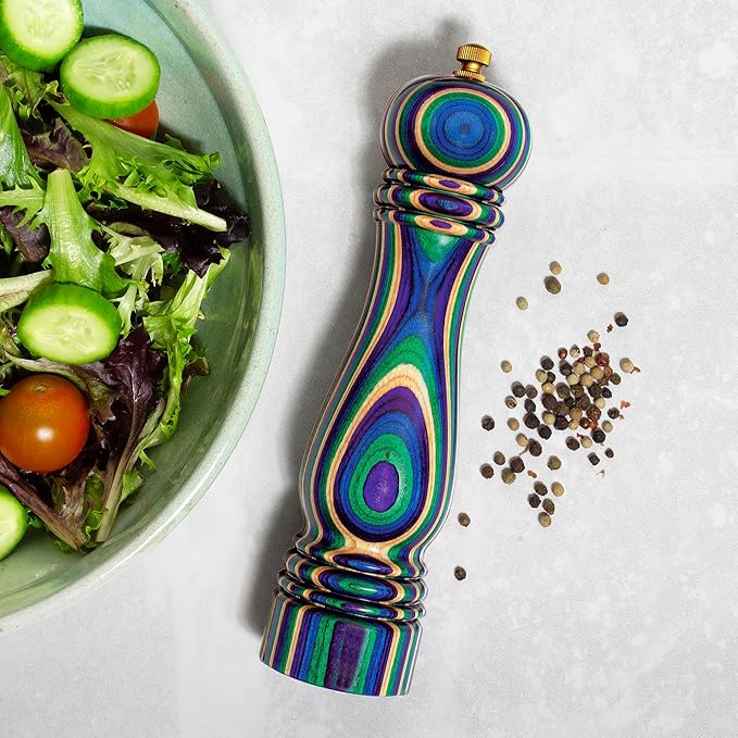 Baltique Mumbai Pepper Grinder – 8 Inch Colorful Wooden Pepper Mill with Adjustable Stainless Steel Grinding Mechanism – Manual Wood Pepper Grinder for Kitchen or Table Use