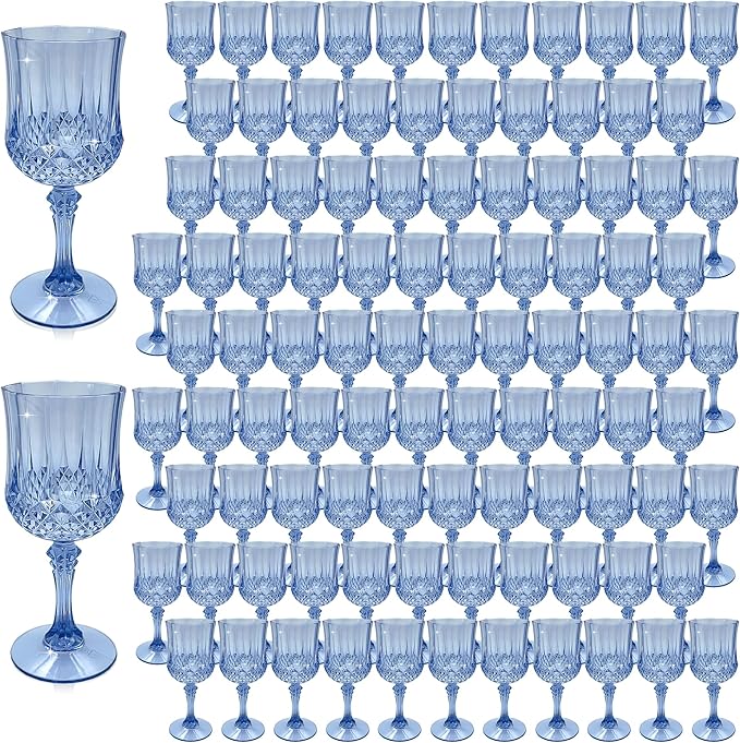 Plastic Wine Glasses, Plastic Goblets Vintage Style Cordial Unbreakable Drinking Glasses, Reusable Drinkware for Wedding Reception, Grand Event Party Supplies (100, Blue)