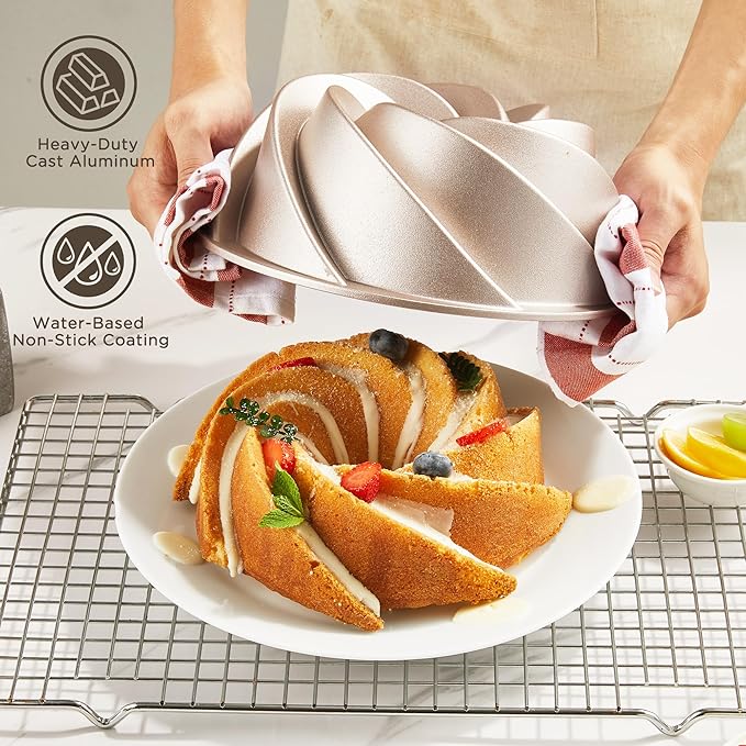 KITESSENSU Non-Stick Cake Pan, 9.5-Inch Aluminum Cake Mold, 8 Cup Fluted Heavy Duty Tube Pan, Durable Rust & Scratch-Resistant, Baking Mold for Jello, Gelatin, Chocoflan, Flan, Marissa, Gold