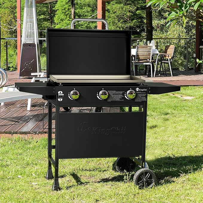KingChii 28" 3-Burner Griddle with Integrated Protective Hood and Counter Height Side Shelves, Powder Coated Steel, Black